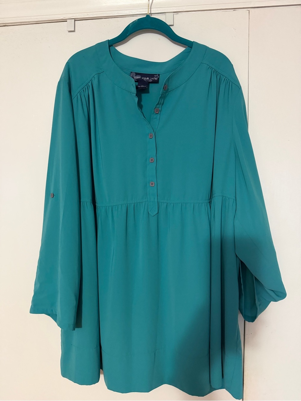 3x Susan Graver Style  Teal Button-Front Peasant Blouse like new